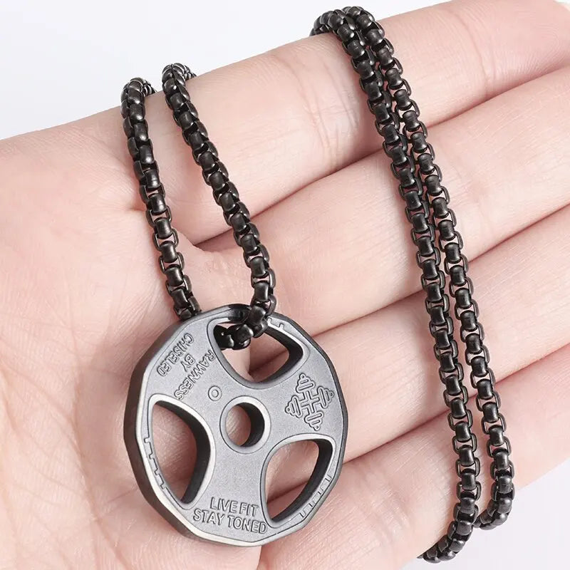 Steel Dumbbell, Weight Plate Pendant Necklace