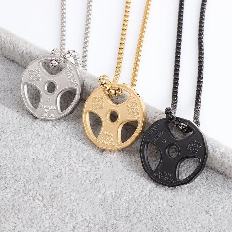 Steel Dumbbell, Weight Plate Pendant Necklace